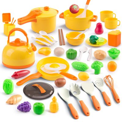 56Pcs Mini Play Kitchen Accessories for Kids, Pretend Cooking Playset with Cookware, Tableware & 2 Fruit Sets, Learning Gift for Girls, Boys, Toddlers, Yellow