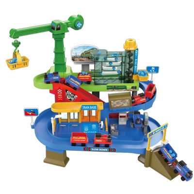 Kids Multi-Level Car Ramp Playset, ABS Plastic Track Set with Mini Cars, Crane & Spiral Tracks, Gift Toy for Boys and Girls Ages 3-6 (Train Station)