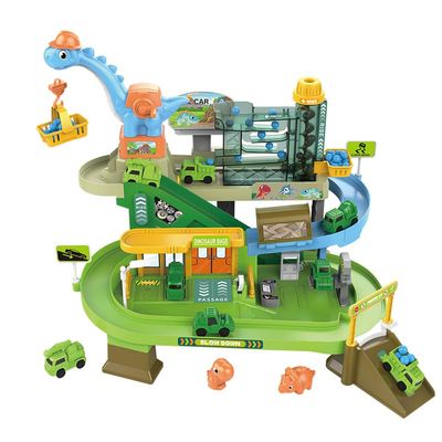 Kids Multi-Level Car Ramp Playset, ABS Plastic Track Set with Mini Cars, Crane & Spiral Tracks, Gift Toy for Boys and Girls Ages 3-6 (Dinosaur Base)
