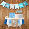 1/2 Birthday Boy Half Birthday Decorations  4PCS Blue 6 Month Party Set with 1/2 Way to One Banner, Halfway High Chair Banner, Cake Topper and Hat for 6 Month Baby Boy Photo Shoot Decor view 1