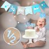 1/2 Birthday Boy Half Birthday Decorations  4PCS Blue 6 Month Party Set with 1/2 Way to One Banner, Halfway High Chair Banner, Cake Topper and Hat for 6 Month Baby Boy Photo Shoot Decor view 4