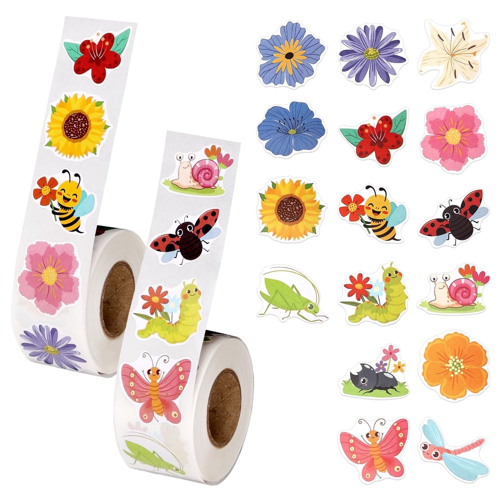 1000pcs/2 Rolls Spring Stickers, Flower Butterfly Stickers Self-Adhesive Season Decorative Floral Labels for Envelopes Cards Water Bottles Scrapbooks DIY Crafts Party School Rewards