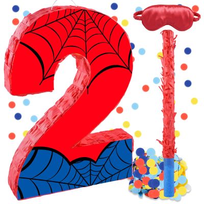 16 Inch Number 2 Spider Pinata with 16 Inch Piata Stick Blindfold Confetti for Boy Girl Kids 2nd Birthday Party Decorations (2nd)