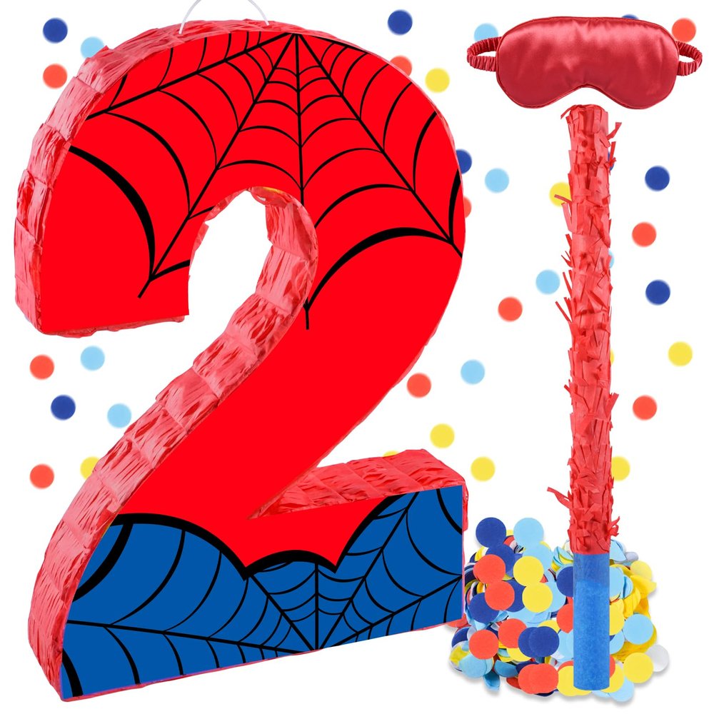 16 Inch Number 2 Spider Pinata with 16 Inch Piata Stick Blindfold Confetti for Boy Girl Kids 2nd Birthday Party Decorations (2nd)