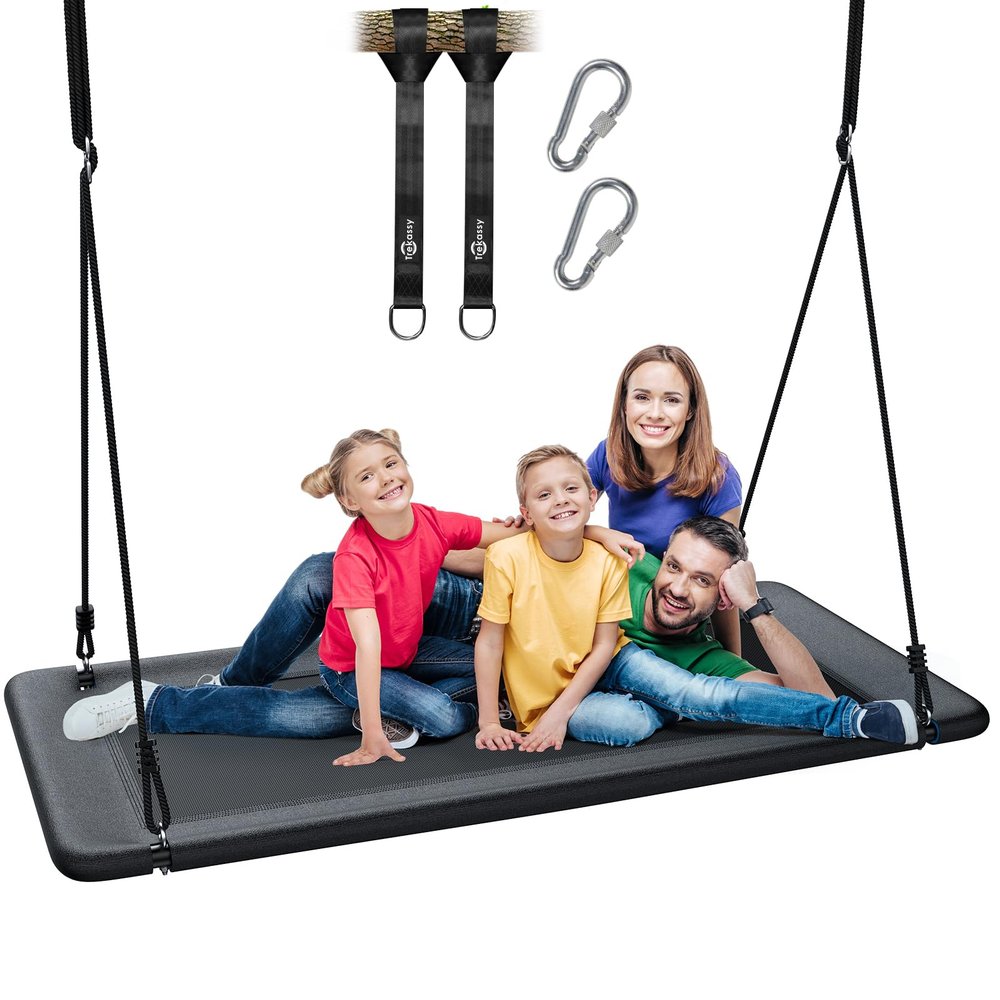 Trekassy 60" Large Rectangle Platform Tree Swing for Kids Adults, 700lb Capacity Outdoor Flying Swing, 900D Oxford Waterproof Giant Swings with 2 Hanging Straps for Backyard (Black)