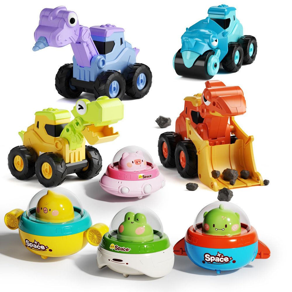 Gift Toy for 1 2 3 Years Old Press and Go Spaceship Toy & Dinosaur Truck Toy for Toddlers