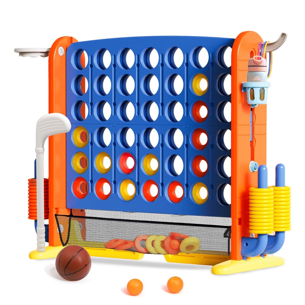 Giant 4 in a Row Connect Game with Mesh Fabric | Height Adjustable 4-in-1 Jumbo 4-to-Score Yard Game Set with Basketball, Golf & Ring Toss | Outdoor Indoor Family Party Game for Kids & Adults, Blue