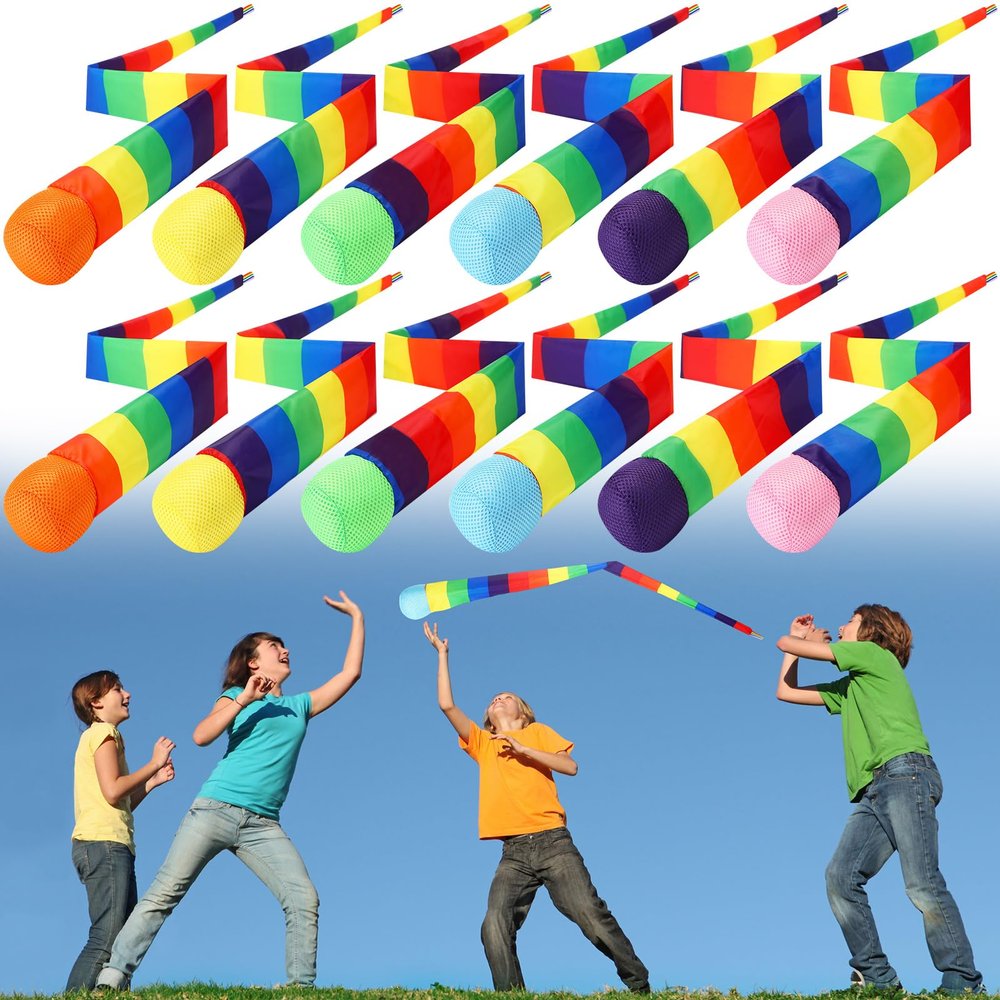 Leyndo 12 Pcs 35 Inch Throw and Catch Balls with Rainbow Tail, Soft Sports Play Comet Balls Playground Toys Bulk for Kids Adults Games and Activities Fun Throwing School (Classic)