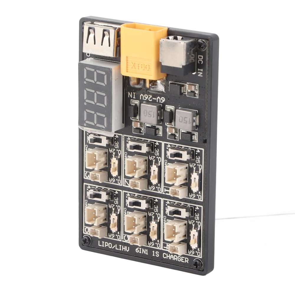 RC Accessory 6in1 LiPo Charger Board with LED Indicator and Switchable Current for 1S LiPo Batteries for Hobbyists
