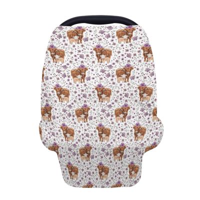 5-in-1 Unisex Western Cow Pattern Baby Carseat Stroller Cover for Boys Girls, Farm Highland Cow Flowers Floral Infant Toddler Privacy Nursing Breastfeeding Canopy, Grocery Shopping Cart Cover-24x28