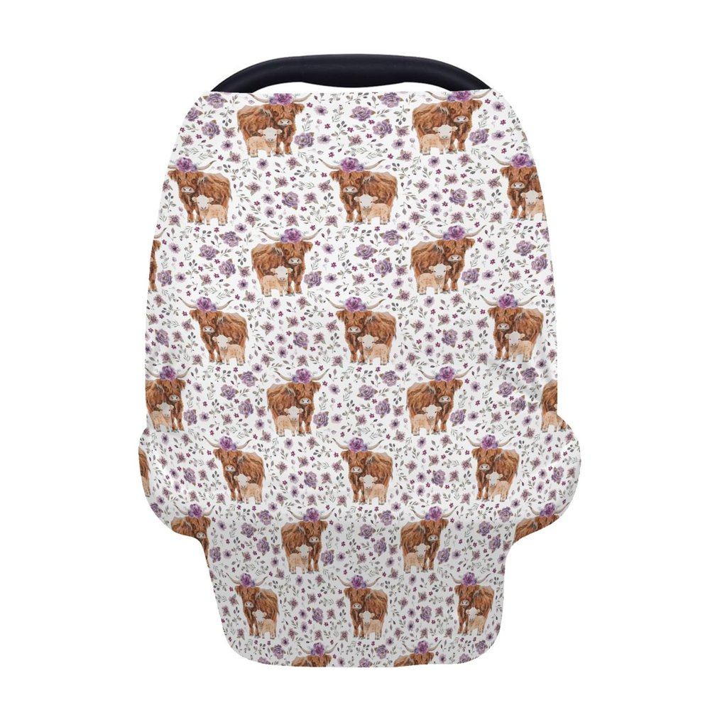 5-in-1 Unisex Western Cow Pattern Baby Carseat Stroller Cover for Boys Girls, Farm Highland Cow Flowers Floral Infant Toddler Privacy Nursing Breastfeeding Canopy, Grocery Shopping Cart Cover-24x28