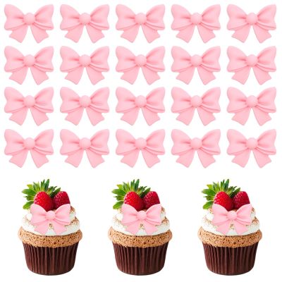 20 Pcs Pink Bow Cupcake Decorations, Resin Bowknot Cake Toppers Birthday Engagement Theme Party Decoration for DIY Art Crafts, Wedding, Baby Shower, Party