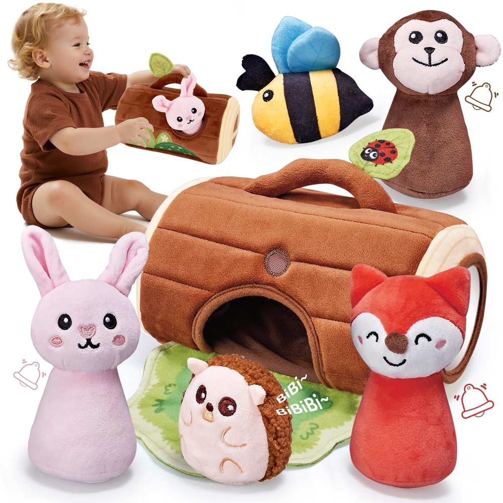 CuteZone Baby Toys 6-12 Months - Soft Plush Jungle Stuffed Animal Sensory Set with Rattle, Squeaker & Mirror, Montessori Cause & Effect Toys, Newborn Gift for Baby Boys and Girls