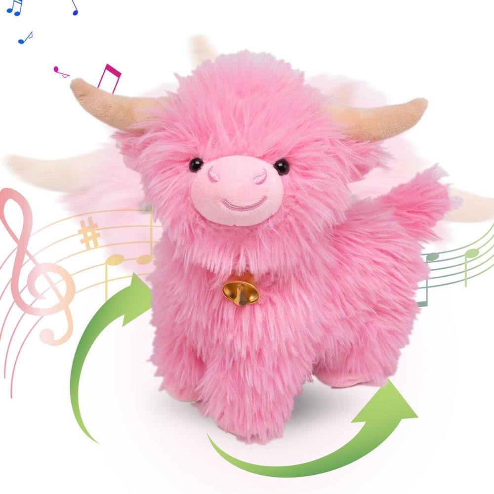 Humor Ted Crazy Funny Highland Cow Stuffed Animals, Dancing Singing Scottish Highlander Cattle Interactive Musical Highland Cow Plush Toys That Can Sing Spanish and English Songs (Pink)