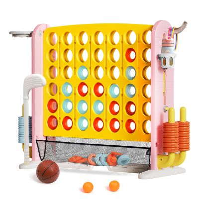 Giant 4 in a Row Connect Game with Mesh Fabric | Height Adjustable 4-in-1 Jumbo 4-to-Score Yard Game Set with Basketball, Golf & Ring Toss | Outdoor Indoor Family Party Game for Kids & Adults, Yellow