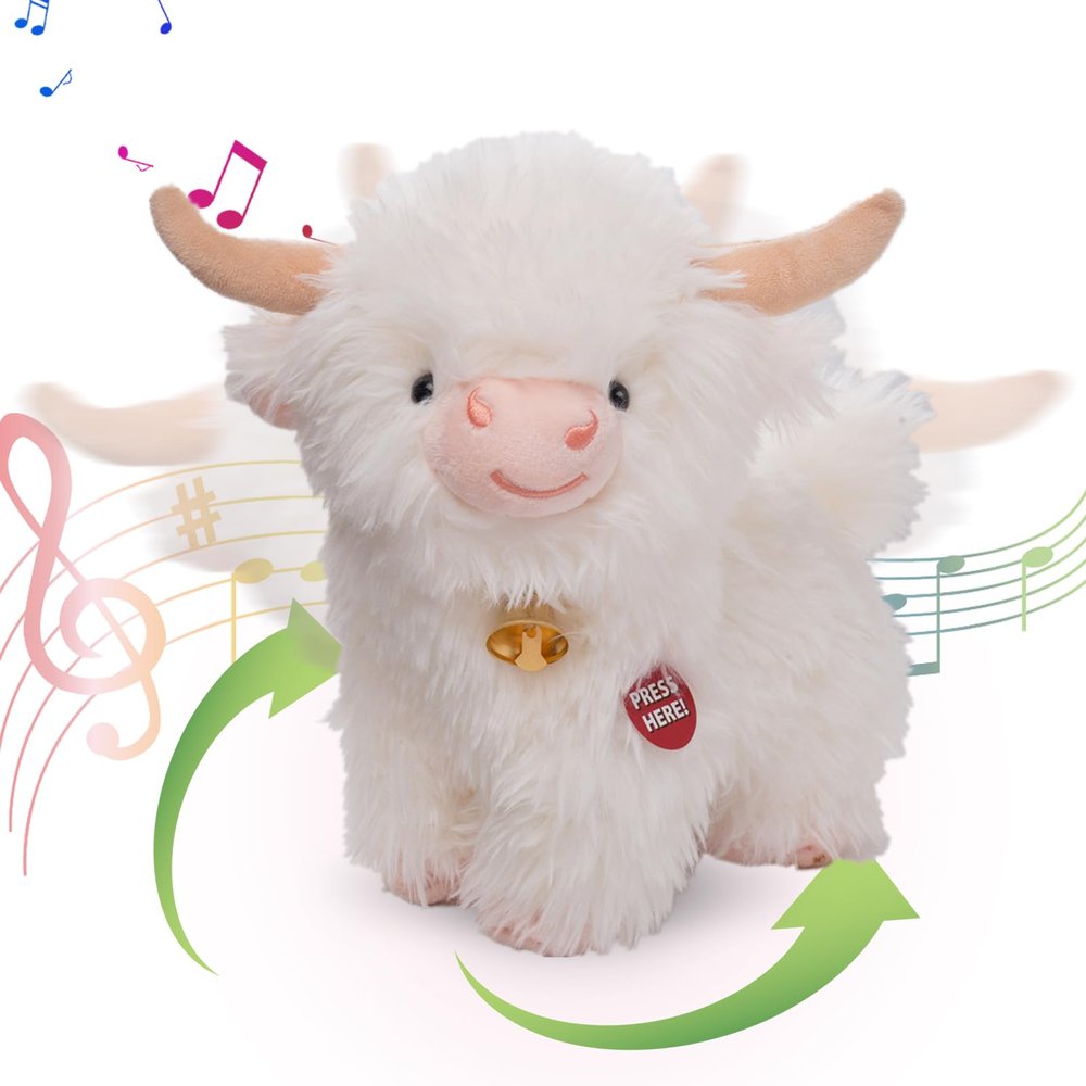 Crazy Dancing Singing Funny Highland Cow Stuffed Animals, Interactive Scottish Highlander cattle Musical Dancing Valentines Day Highland Cow Plush Toys That Can Sing Spanish English Songs (White)