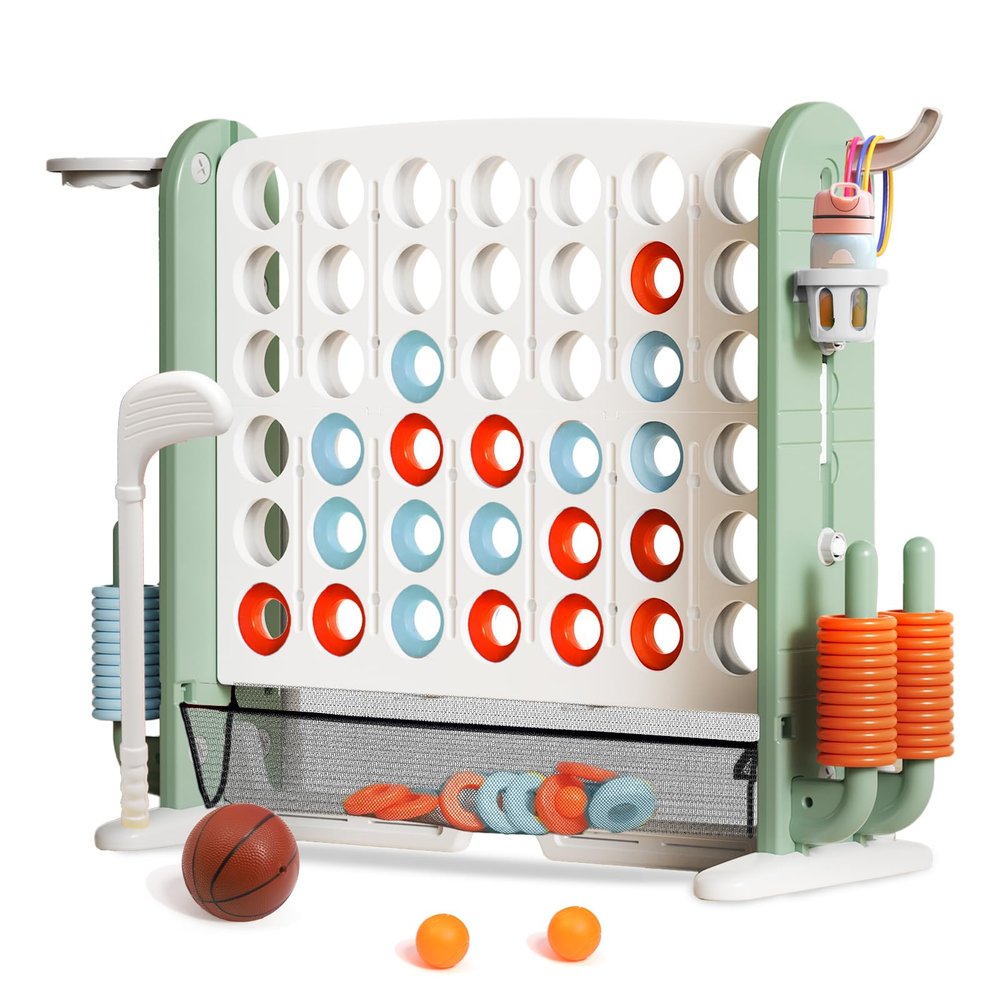 Giant 4 in a Row Connect Game with Mesh Fabric | Height Adjustable 4-in-1 Jumbo 4-to-Score Yard Game Set with Basketball, Golf & Ring Toss | Outdoor Indoor Family Party Game for Kids & Adults, Green