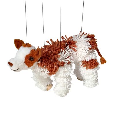 Artisan Owl Cow Farm Animal Marionette Puppet - Yarn Cow with Wooden Feet, Detachable Strings