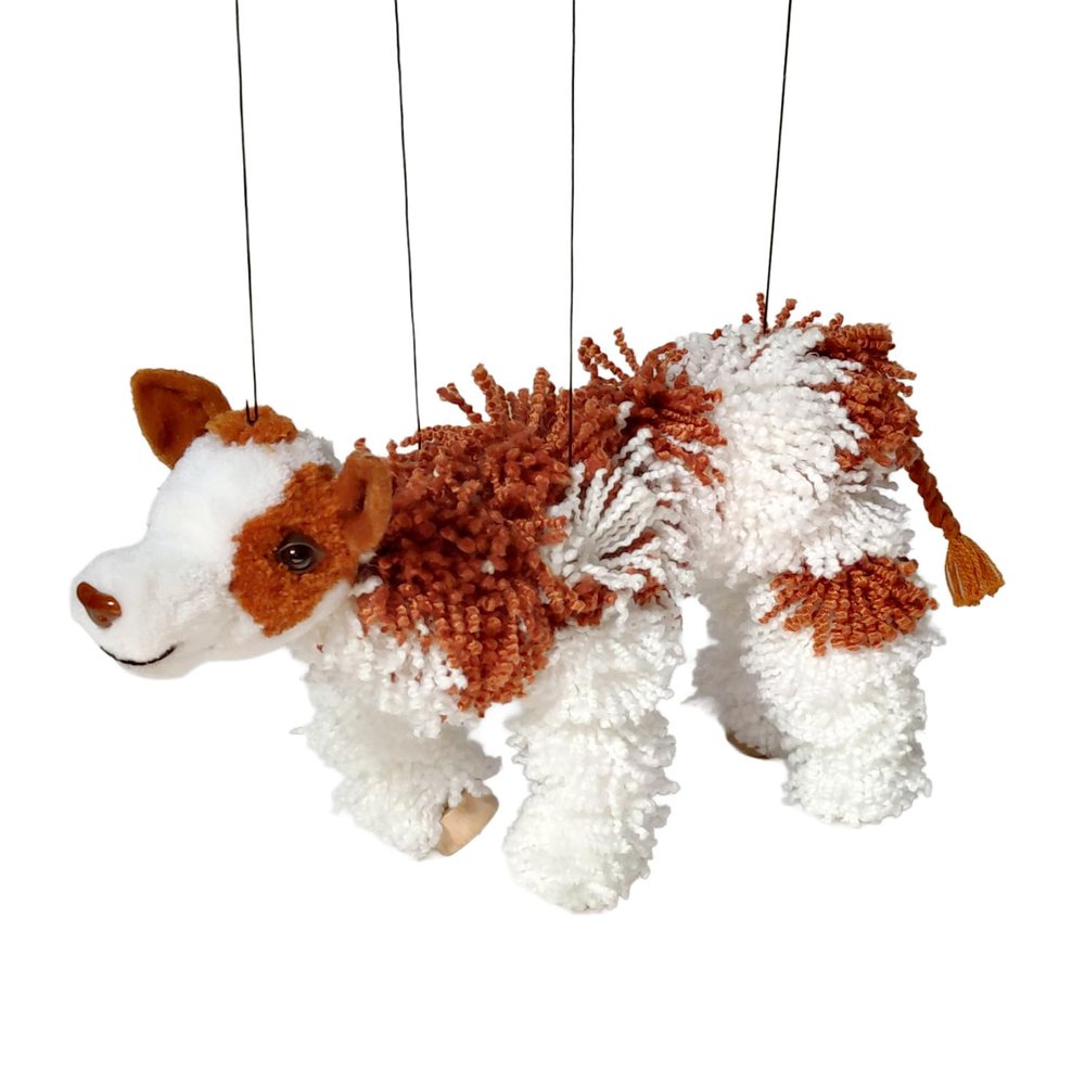 Artisan Owl Cow Farm Animal Marionette Puppet - Yarn Cow with Wooden Feet, Detachable Strings