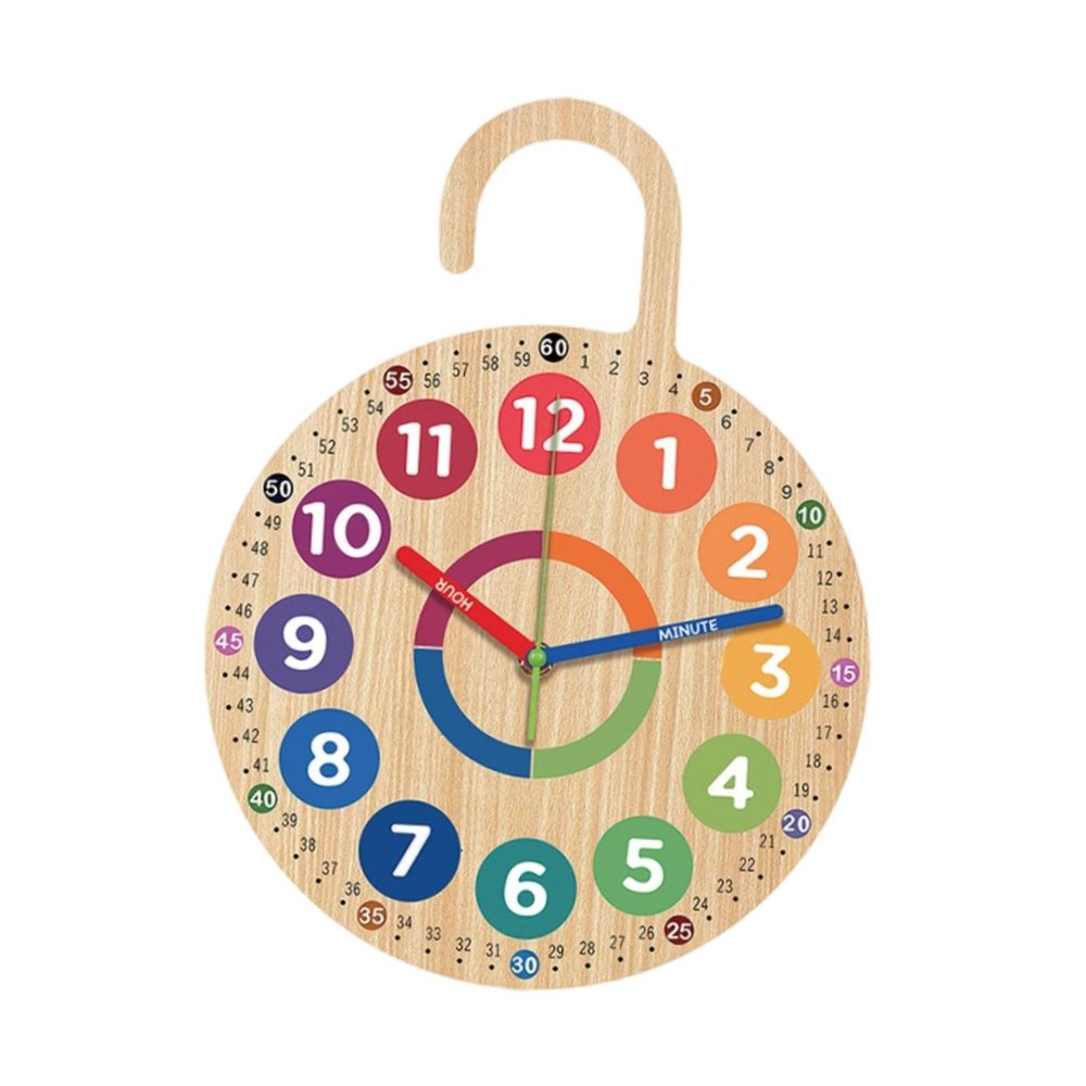 Fenteer Teaching Analog Clock Wood Clock for Kids Hanging School Educational Toy Easy to Read Classroom Wooden Non Ticking Silent