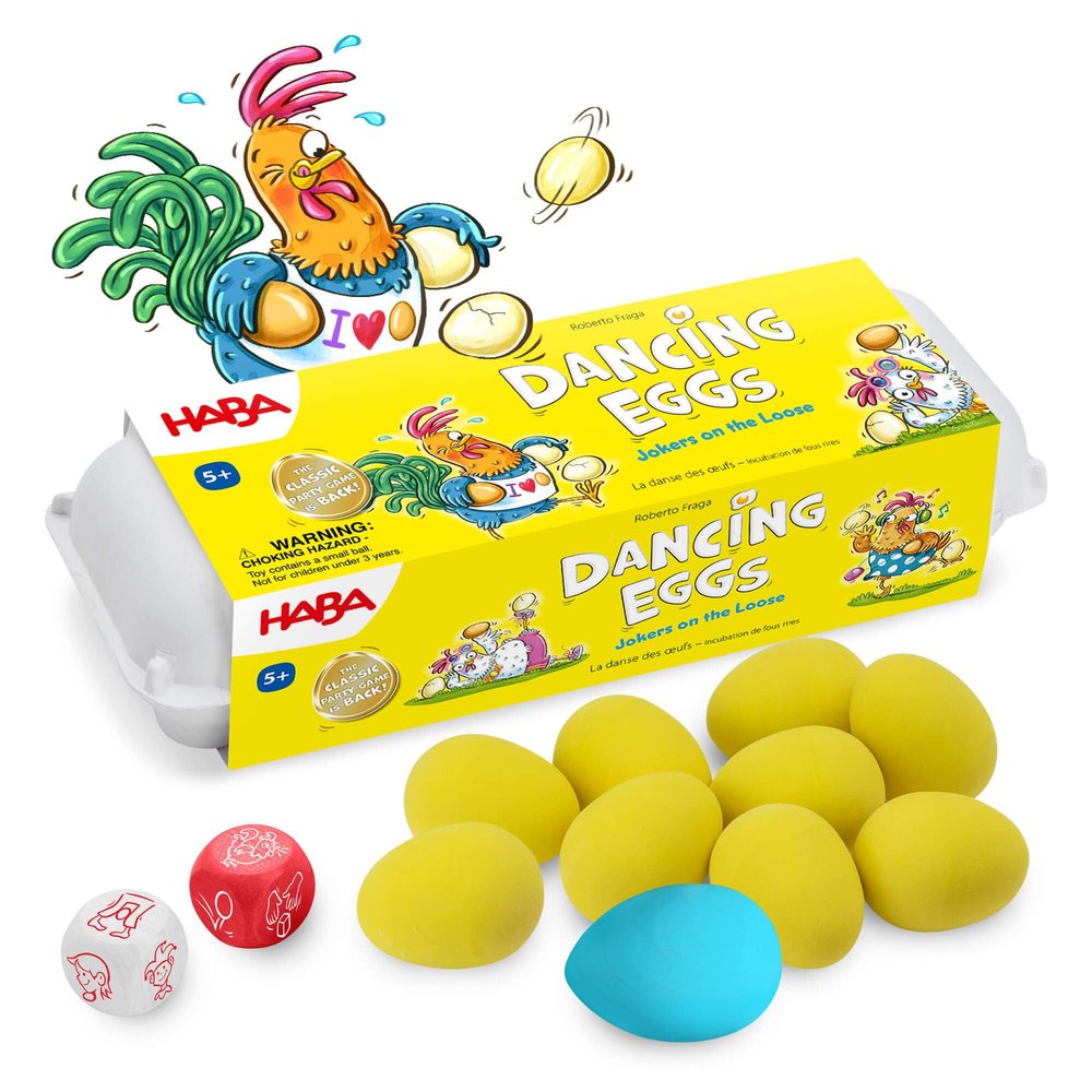 HABA Dancing Eggs Active Kids Game for Ages 5+, Award-Winning Fast-Paced Party Games for Kids and Family with Bouncing Rubber Eggs and Dice