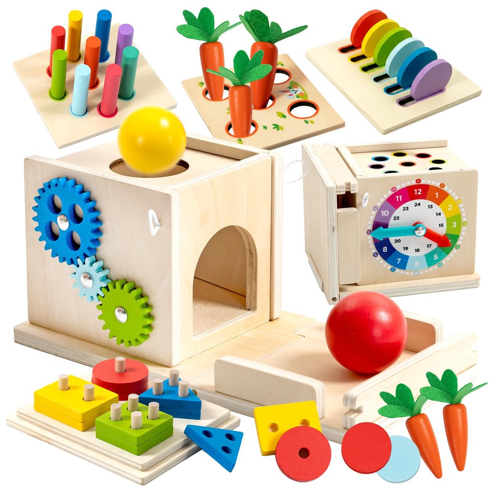 Nene Toys 7-in-1 Montessori Toy for 1 Year Old Baby Wooden Activity Cube with Carrot Harvest, Shape Sorter & Stacking, Coin Box, Ball Drop, Gears & Clock Gift for Toddler Boys & Girls 1 2 3 Years