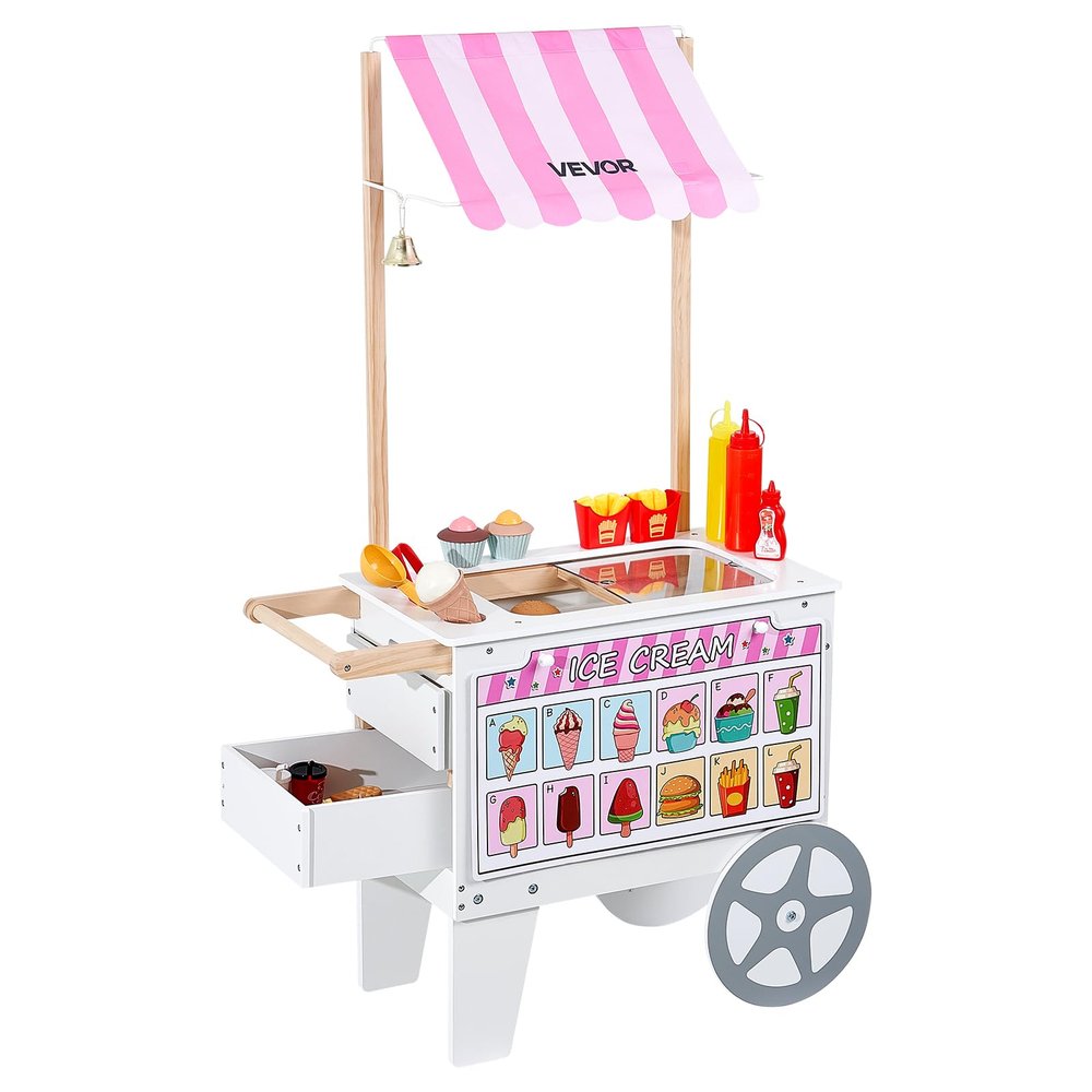 VEVOR 20+ PCS Accessories, Pretend Play Ice Cream Shop Kitchen Food Toys with Ice Cream Cone & Popsicle, Awning & Freezer, Storage Drawers & Flipping Menus, For Kids Aged 3-7