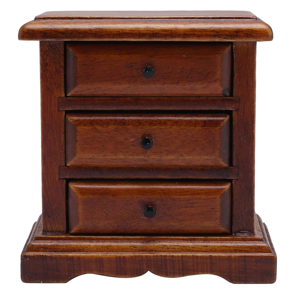 1:12 Scale Birch Wood Dollhouse Night Stand, Realistic Miniature Bedside Table with 3 Drawers, Handcrafted for Home Decor, Playability and Realism (Chestnut)