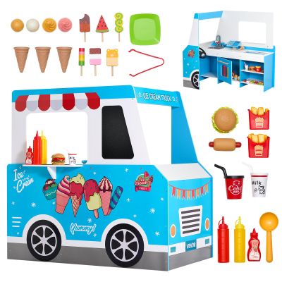 VEVOR Ice Cream Cart for Kids, 20+ PCS Ice Cream Truck Wooden Playset, Pretend Play Stand with Steering Wheel & Chalkboard, Payment Scanner & Freezer, Faucet & Sink, Suitable for Kids 3-7 Years Old