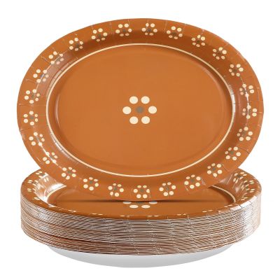 100Pcs Platos De Barro Mexicanos Oval Paper Plates 10" x 12" Large Disposable Heavy Duty Mexican Terracotta Clay Pottery Dessert Platters for Cielito Lindo Birthday Wedding Party Supplies Decorations