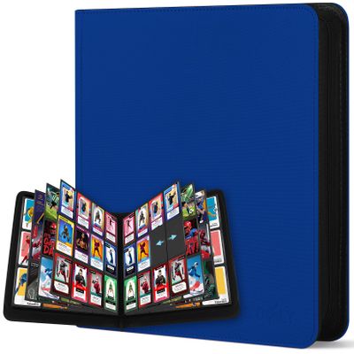 12 Pockets Trading Card Zipper Binder for 720 Cards, 30 Side-Loading Card Binder Folders, Ringless Card Sleeves with PU Cover, Collectible Trading Card Albums for Boys, Girls, Sports Game Cards, Blue
