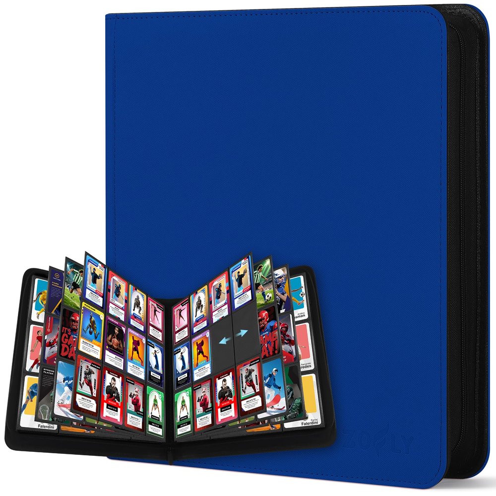 12 Pockets Trading Card Zipper Binder for 720 Cards, 30 Side-Loading Card Binder Folders, Ringless Card Sleeves with PU Cover, Collectible Trading Card Albums for Boys, Girls, Sports Game Cards, Blue