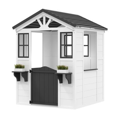 GarveeLife Cedar Wooden Kids Playhouse with Play Kitchen, Wooden Adventures Cottage for Backyard, Outdoor Toddler Playhouse for Kids with Vinyl Roof