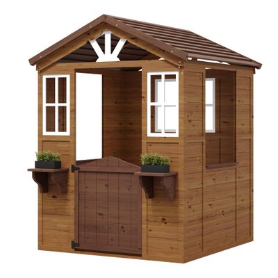 GarveeLife Cedar Wooden Kids Playhouse with Play Kitchen, Wooden Adventures Cottage for Backyard, Outdoor Toddler Playhouse for Kids with Vinyl Roof
