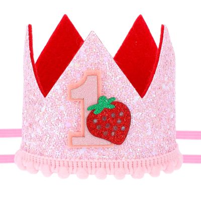 1 PCS Strawberry 1 Crown 1st Birthday Hat Girl Pink Strawberry Party Hats 1st Birthday Crown Girl Strawberrys One Headwear Sweet Pink Sequin First Hat for Baby Shower Party Decoration Photo Props