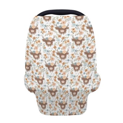 5-in-1 Unisex Western Farm Cow Flowers Pattern Baby Carseat Stroller Cover for Boys Girls, Highland Cow Floral Infant Toddler Privacy Nursing Breastfeeding Canopy, Grocery Shopping Cart Cover-24x28