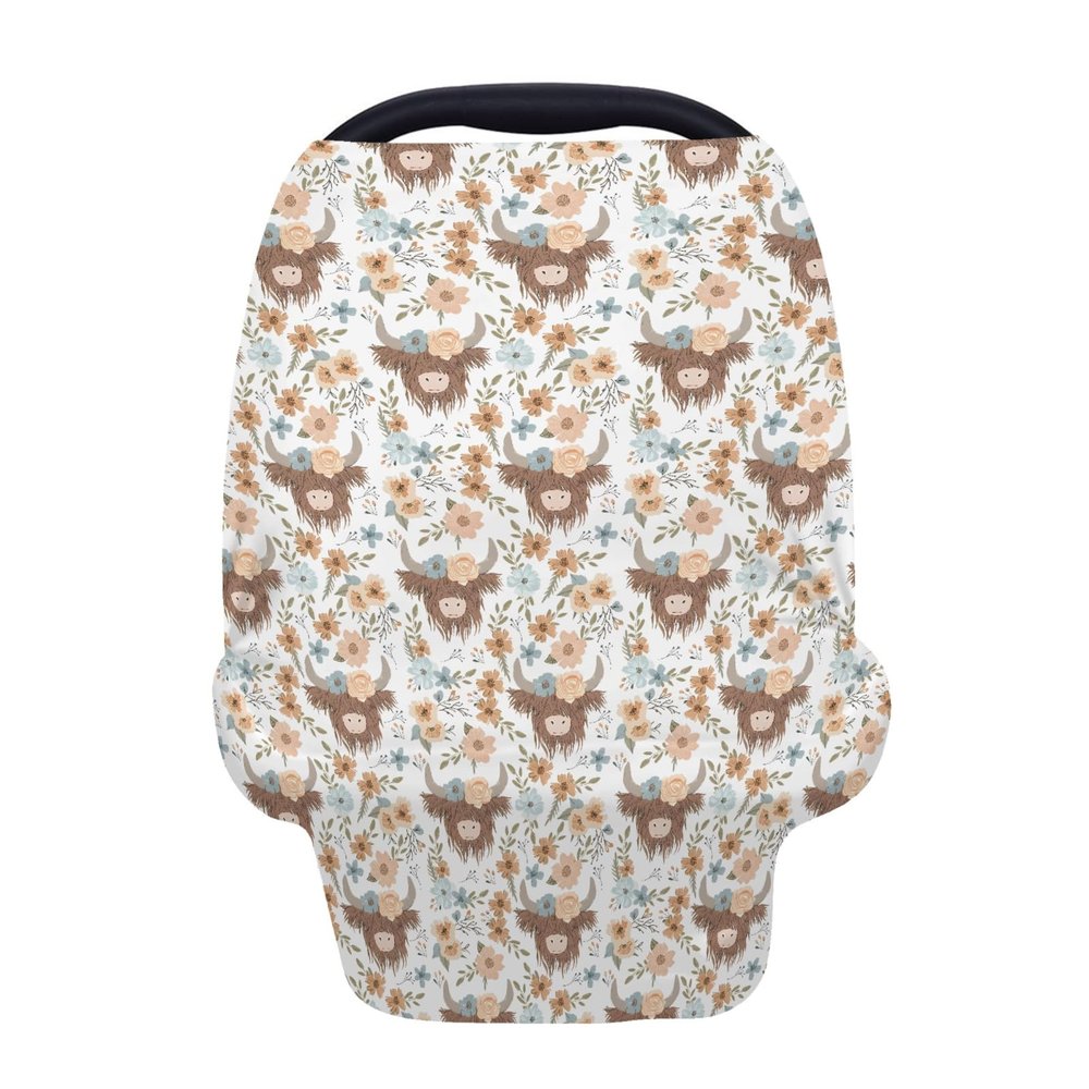 5-in-1 Unisex Western Farm Cow Flowers Pattern Baby Carseat Stroller Cover for Boys Girls, Highland Cow Floral Infant Toddler Privacy Nursing Breastfeeding Canopy, Grocery Shopping Cart Cover-24x28