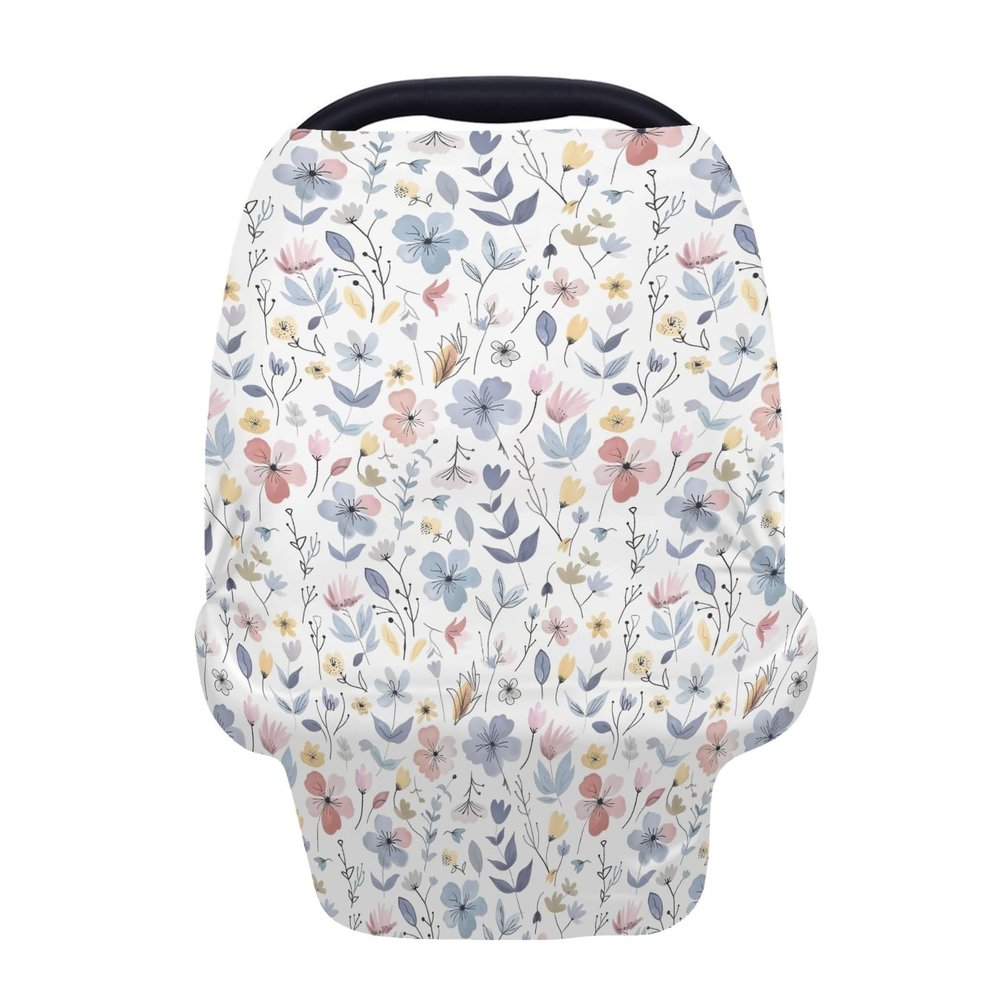 5-in-1 Unisex Pastel Flowers Floral Leaves Pattern Baby Carseat Stroller Cover for Boys Girls, Infant Toddler Privacy Nursing Breastfeeding Canopy, Grocery Shopping Cart Cover-24x28