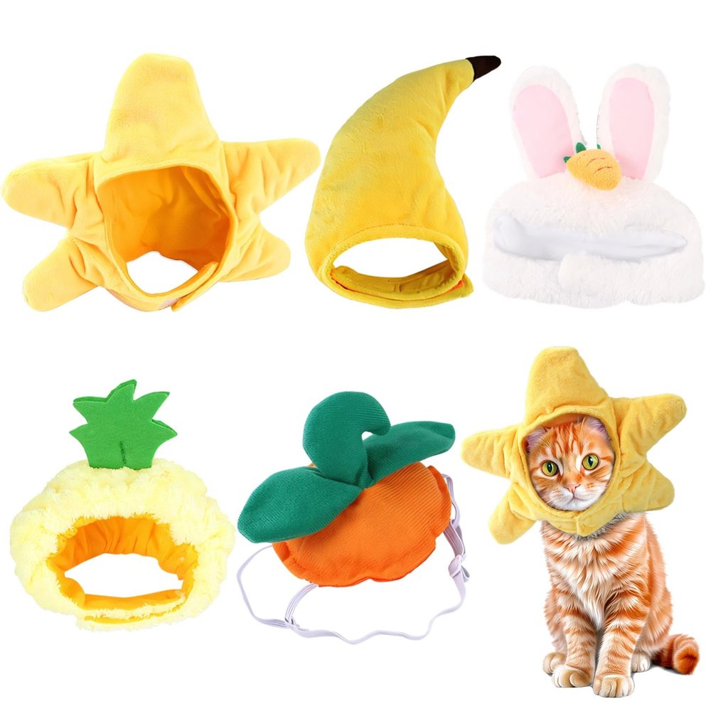 5 Pcs Cat Costume Hats, Cat Cosplay Costumes with Banana Pineapple Starfish Pumpkin Rabbit Hats Headwear, Ideal for Cats Small Pets Kitten Puppy Party Costume