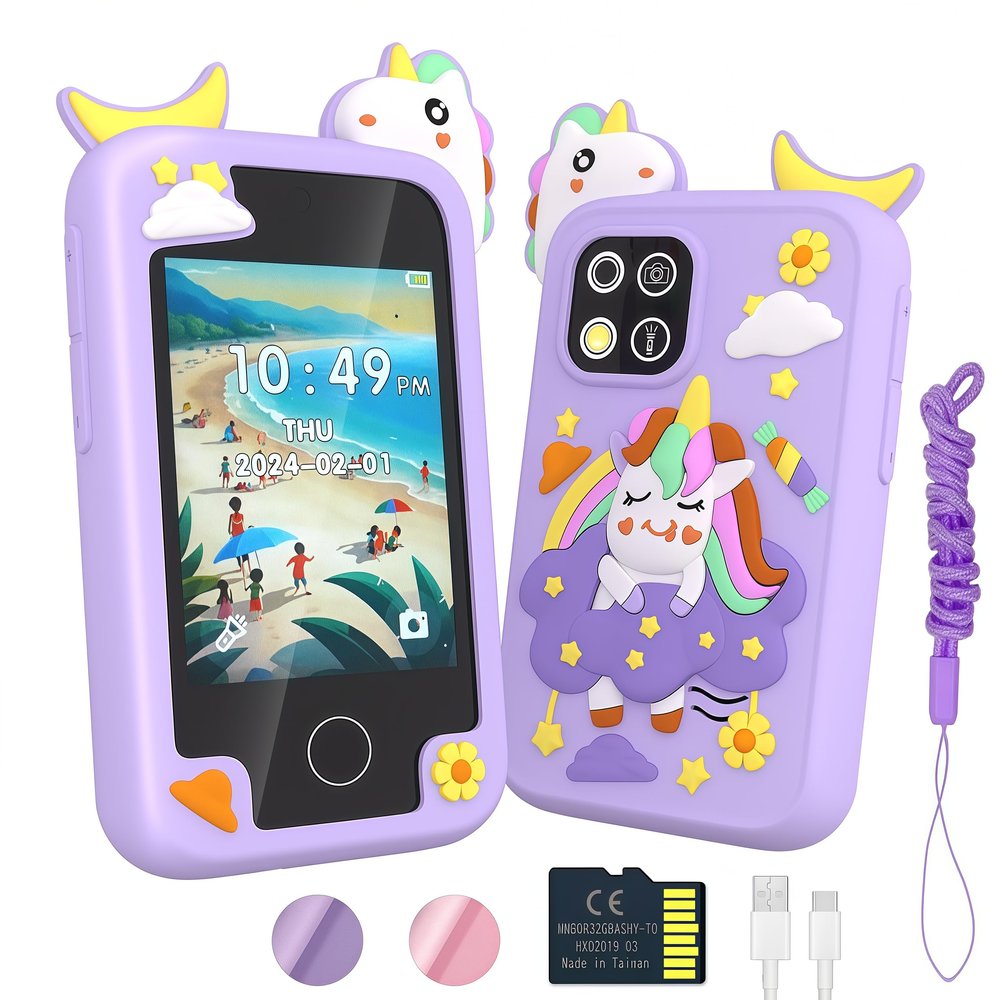 Kids Smart Phone for Girls, Birthday for Kids Ages 3-10, 2.8" Touchscreen Toddler Cell Phone Learning Play Toy with Dual Camera, Music, Game, 8GB Card, Purple