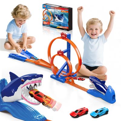 VATOS Shark Toys Car Track Set, Dual Loop Race Track Toy for Boys, Shark Car Racing Tracks with 2 Race Cars & Launchers, Jumping Raceway Playset Kids Toys Gift for Boys Girls 3 4 5 6 7 8 Year Old