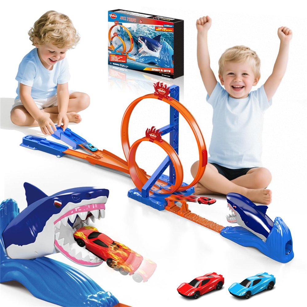 VATOS Shark Toys Car Track Set, Dual Loop Race Track Toy for Boys, Shark Car Racing Tracks with 2 Race Cars & Launchers, Jumping Raceway Playset Kids Toys Gift for Boys Girls 3 4 5 6 7 8 Year Old