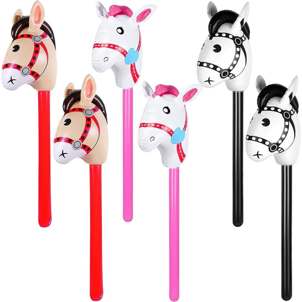6PCS Inflatable Stick Horse - Pony/Western Cowboy/Horse Baby Shower Birthday Party Decorations Inflatable Horse Head (Red, Black, Pink)