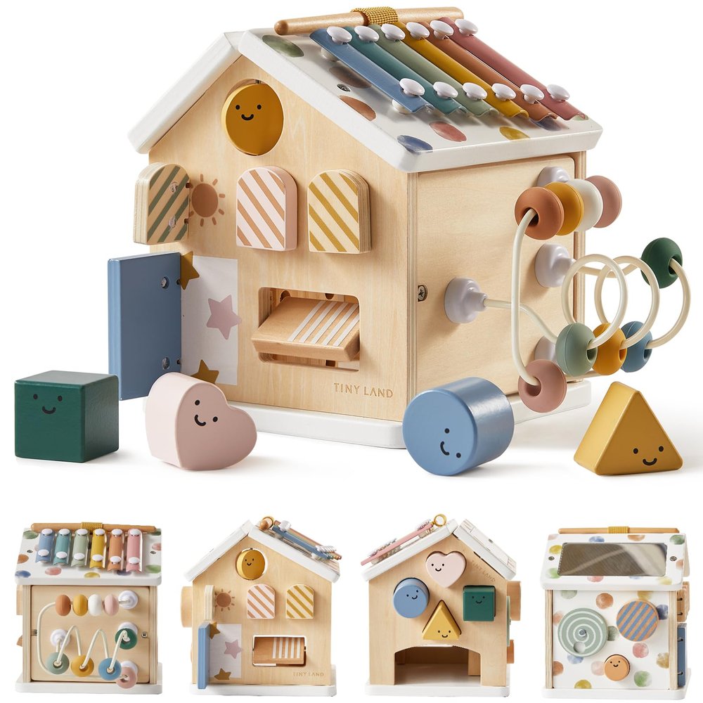 Tiny Land 9-in-1 Wooden Activity Cube, Montessori Baby Activity Center for 1+ Year Old, Educational Toy for Toddlers, Ideal Gift for Boys and Girls (Morandi)