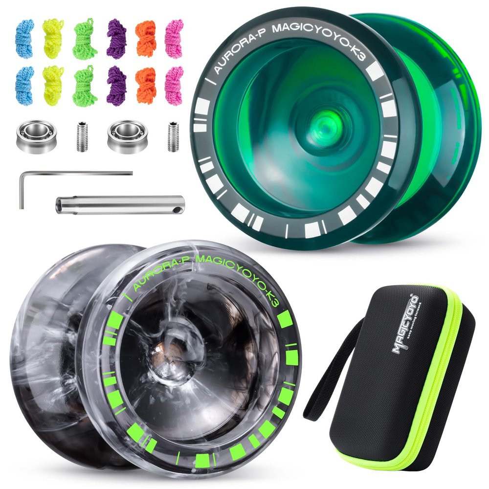 MAGICYOYO K3 Aurora-p Yoyo 2 Pack Set - Responsive & Unresponsive Dual Mode for Kids/Adults, Professional Fingerspin Trick Yoyo, Includes 12 Yo-yo Strings, Bearing Tools & Case