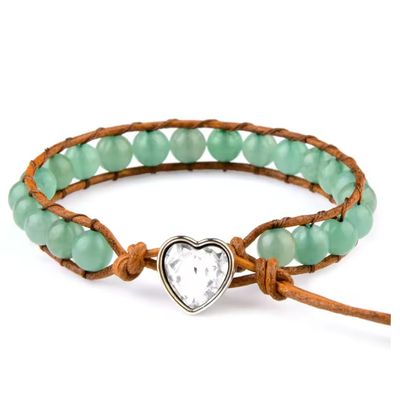 ZYIBPMSJKQCFK 6mm Natural Stone Beaded Heart-Shaped Turquoises Leather Cord Bracelet For Women Men,green,17-21cm