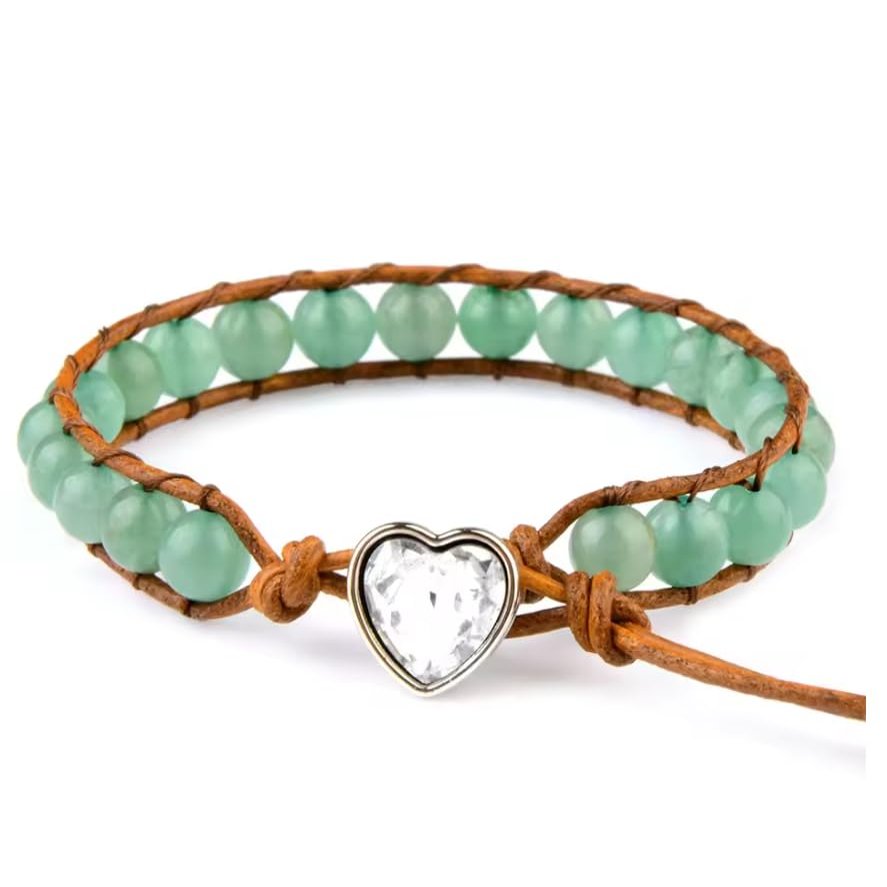 ZYIBPMSJKQCFK 6mm Natural Stone Beaded Heart-Shaped Turquoises Leather Cord Bracelet For Women Men,green,17-21cm