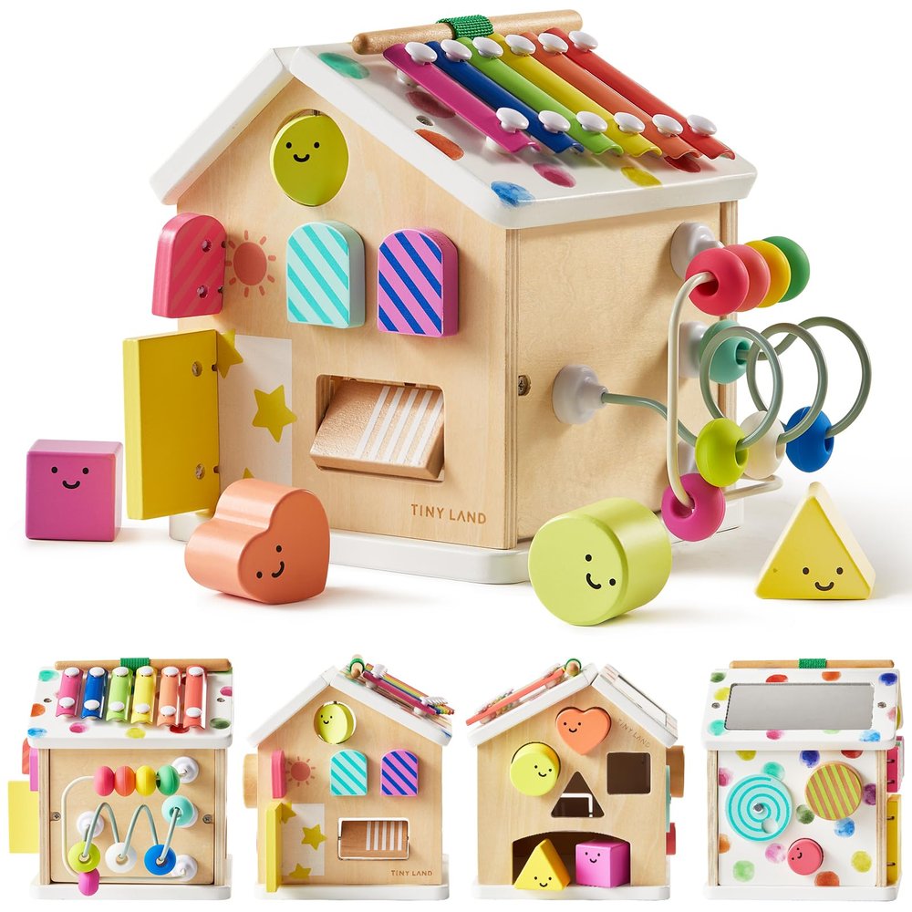 Tiny Land 9-in-1 Wooden Activity Cube, Montessori Baby Activity Center for 1+ Year Old, Educational Toy for Toddlers, Ideal Gift for Girls and Boys (Rainbow)