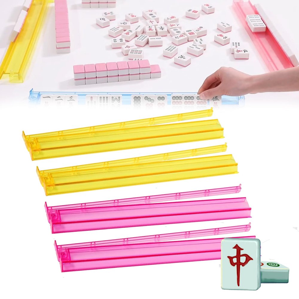 BaoBaJiu 18.5IN Mahjong Racks-Mahjong Racks with Pushers 3 in 1 Functional Design-Acrylic Transparent Mahjong Accessories-Suitable for Party/Mahjong Accessories (Pink+Yellow)