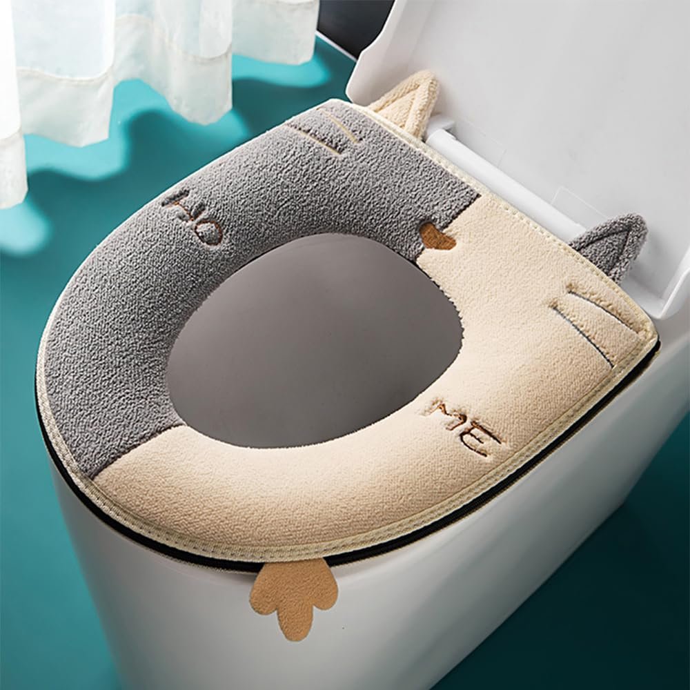 2Pcs Thicker Bathroom Toilet Seat Cover Pad, Soft Thicker Warmer Stretchable Washable Cloth Cat Pattern Toilet Seat Cover Pads,Ce